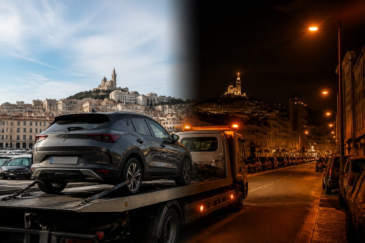 Contraste jour et nuit pour illustrer le cycle tarifaire d’assistance routière
