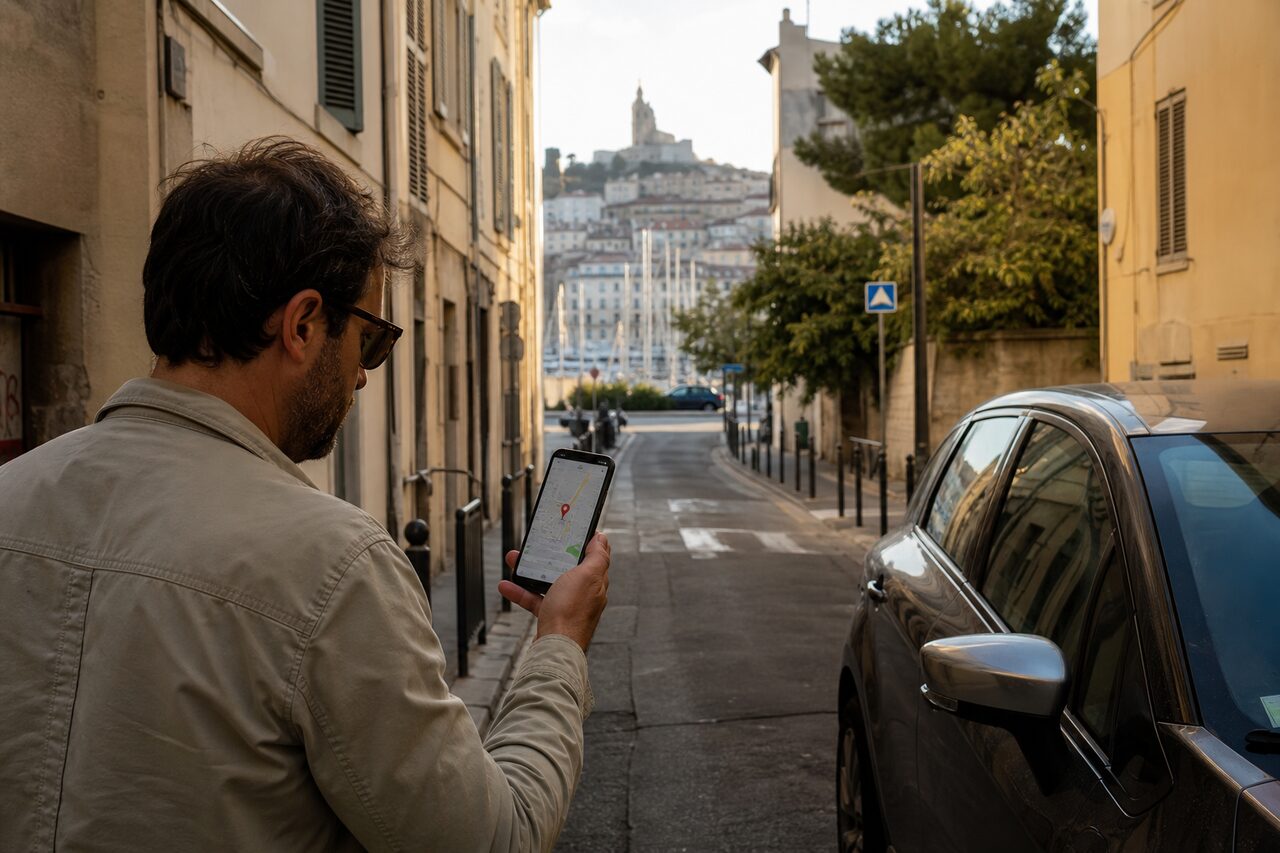 Conducteur préparant une demande d’assistance GPS sur smartphone à Marseille