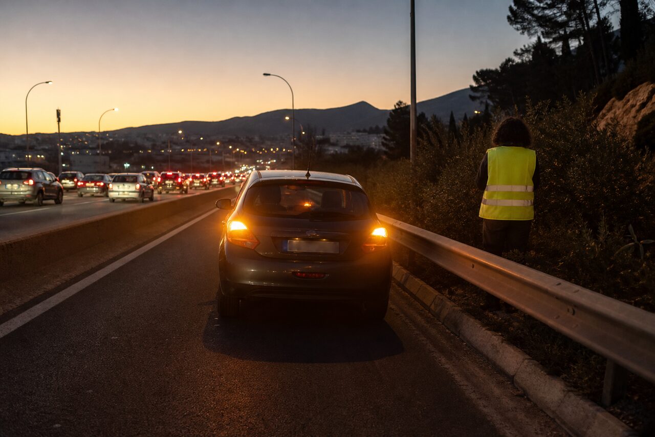 Véhicule immobilisé en sécurité sur bande d’arrêt d’urgence, feux de détresse, intervenant en gilet — Marseille